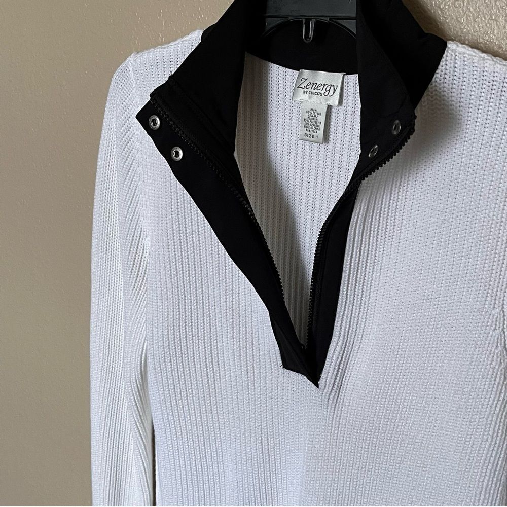 Zenergy by Chico's White Ribbed Pullover Sweater with Black Collar Size 1/MEDIUM - Picture 7 of 9
